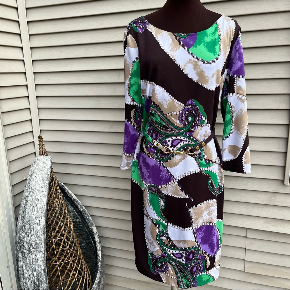 Queenspark multicolor patterned boat neck long sleeve short dress plus